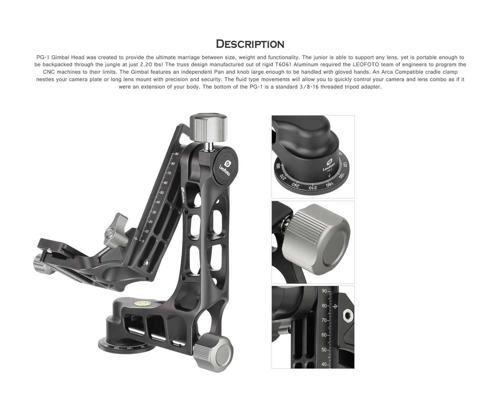 【Leofoto USA】Leofoto PG-1 Gimbal Head Lightweight 2.2 LB (Black) / Arca