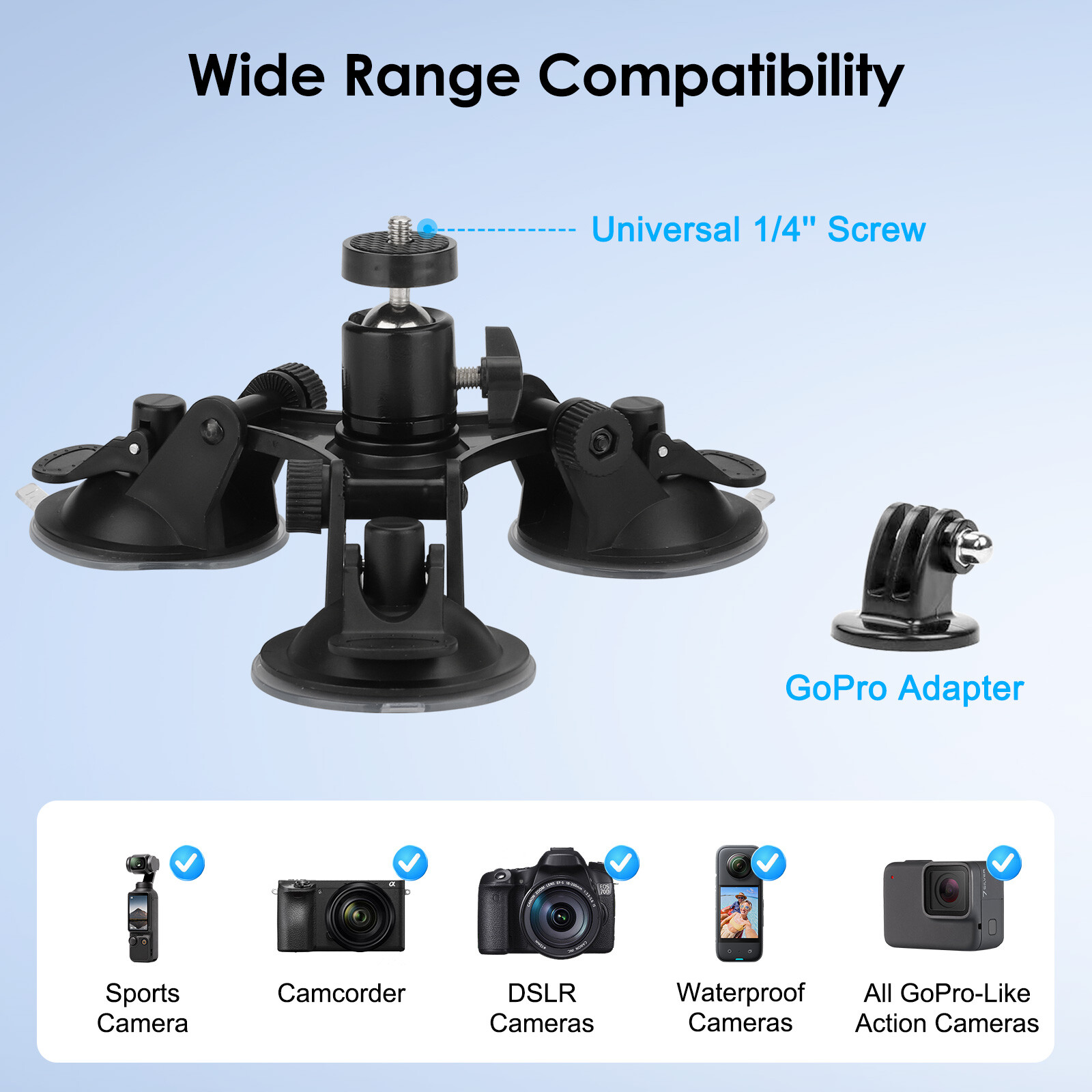 Car Mount Holder For GoPro Sony DJI OSMO Action Camera Triple Suction Cup Stand