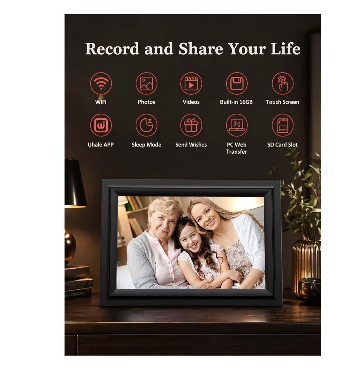 10.1 Inch Digital Picture Frame with IPS HD Touch Screen, 16GB Storage Photo