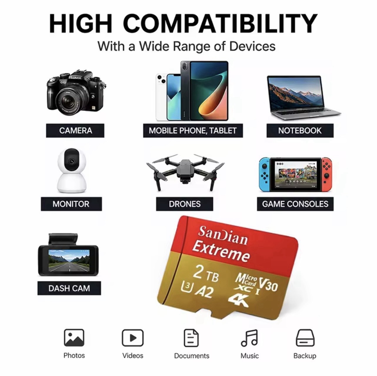 SanDian Extreme 2TB microSDXC U3 A2 V30 4K High Speed Memory Card