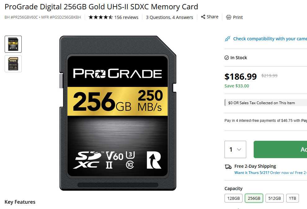 256GB 250MB/s ProGrade Digital V60 SDXC UHS-II Memory Card lightly used