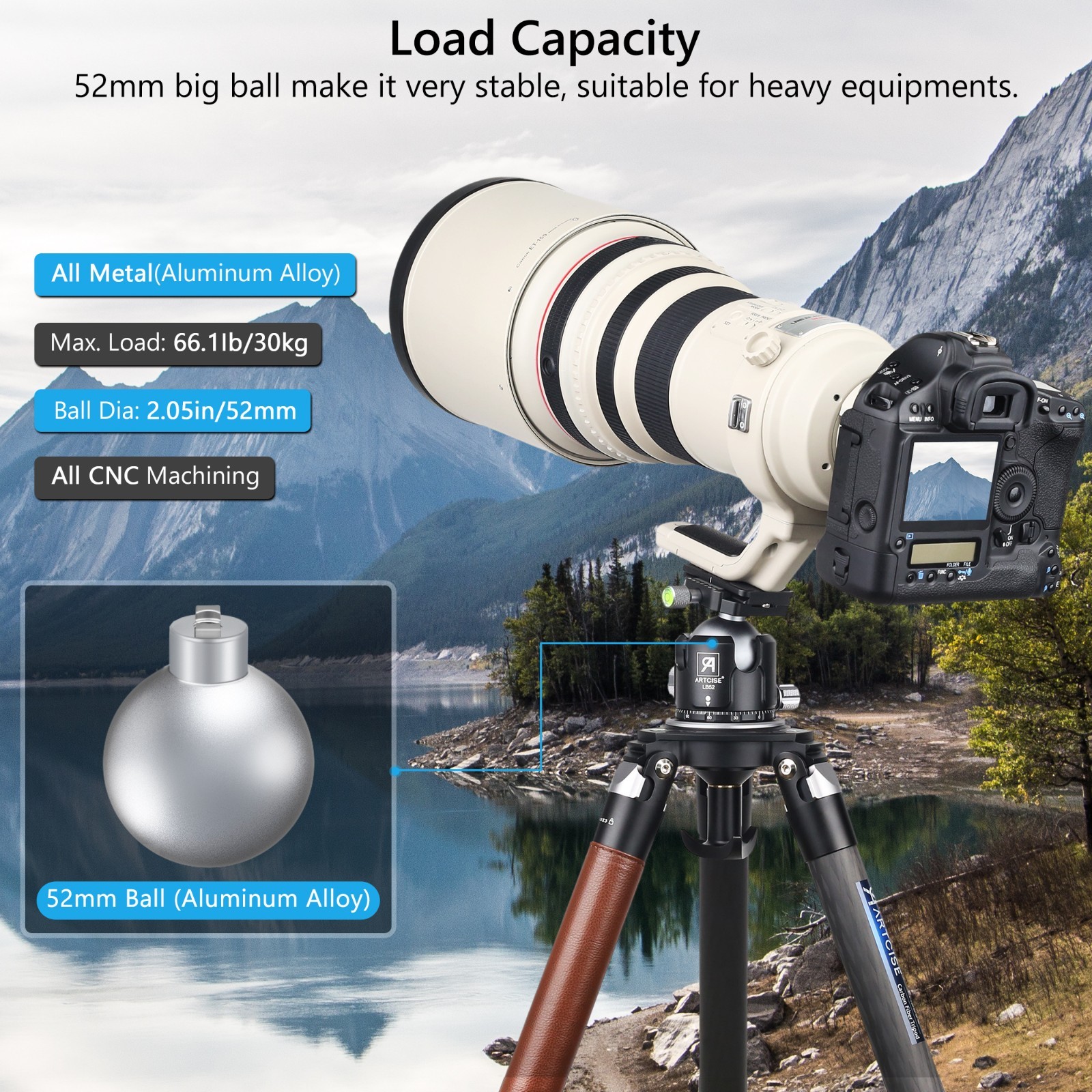 Low Profile Ball Head 52MM All Metal CNC Tripod Head for Tripod, Monopod, DSLR