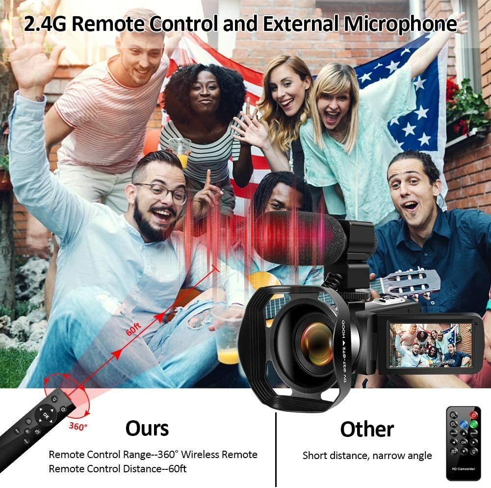 Video Camera Ultra HD 4K Night Vision Camcorder LED Light Microphone Remote