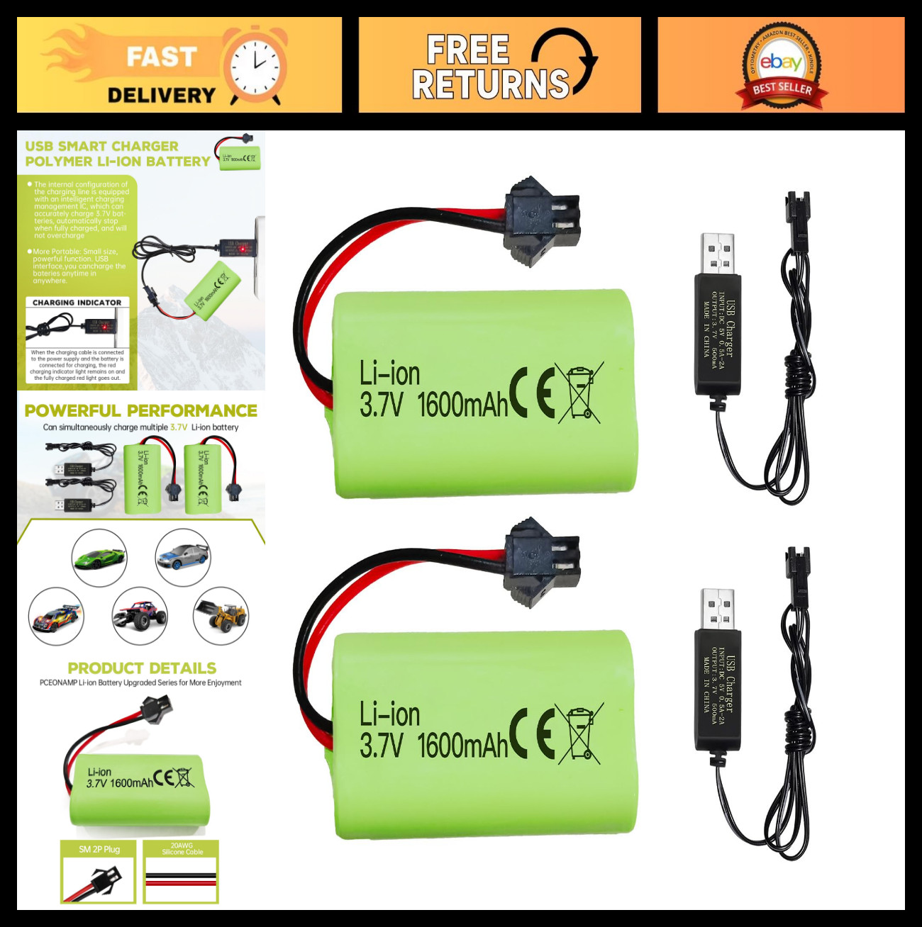 2PCS 3.7V 1600mAh Li-ion Batteries & USB Cables for RC Cars, Trucks, Toys
