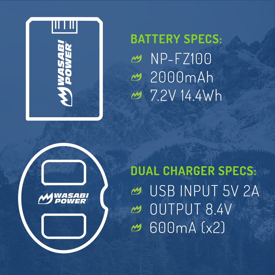 Wasabi Power Battery (x2) and Dual Charger for Sony NP-FZ100, BC-QZ1 and Sony a9