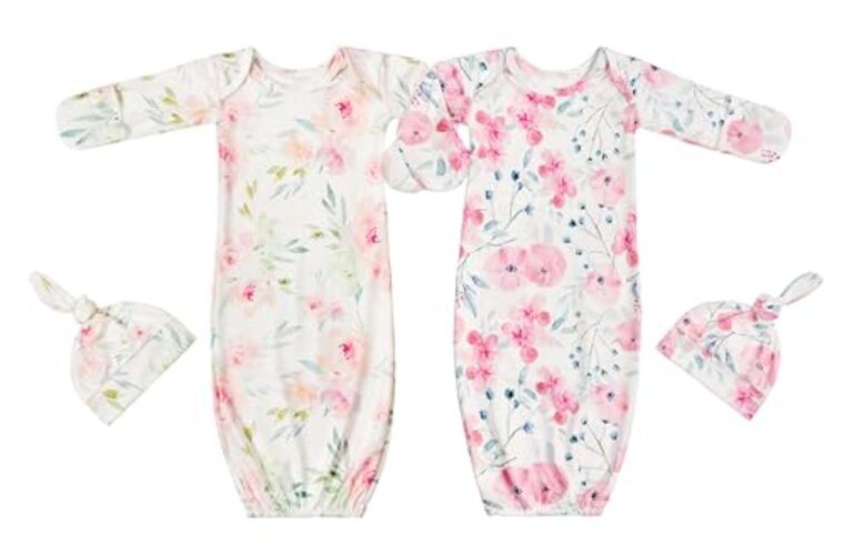 Newborn Baby Sleeper Gown with Hat Knotted Gown Nightgown 0-3 Months Light Pink