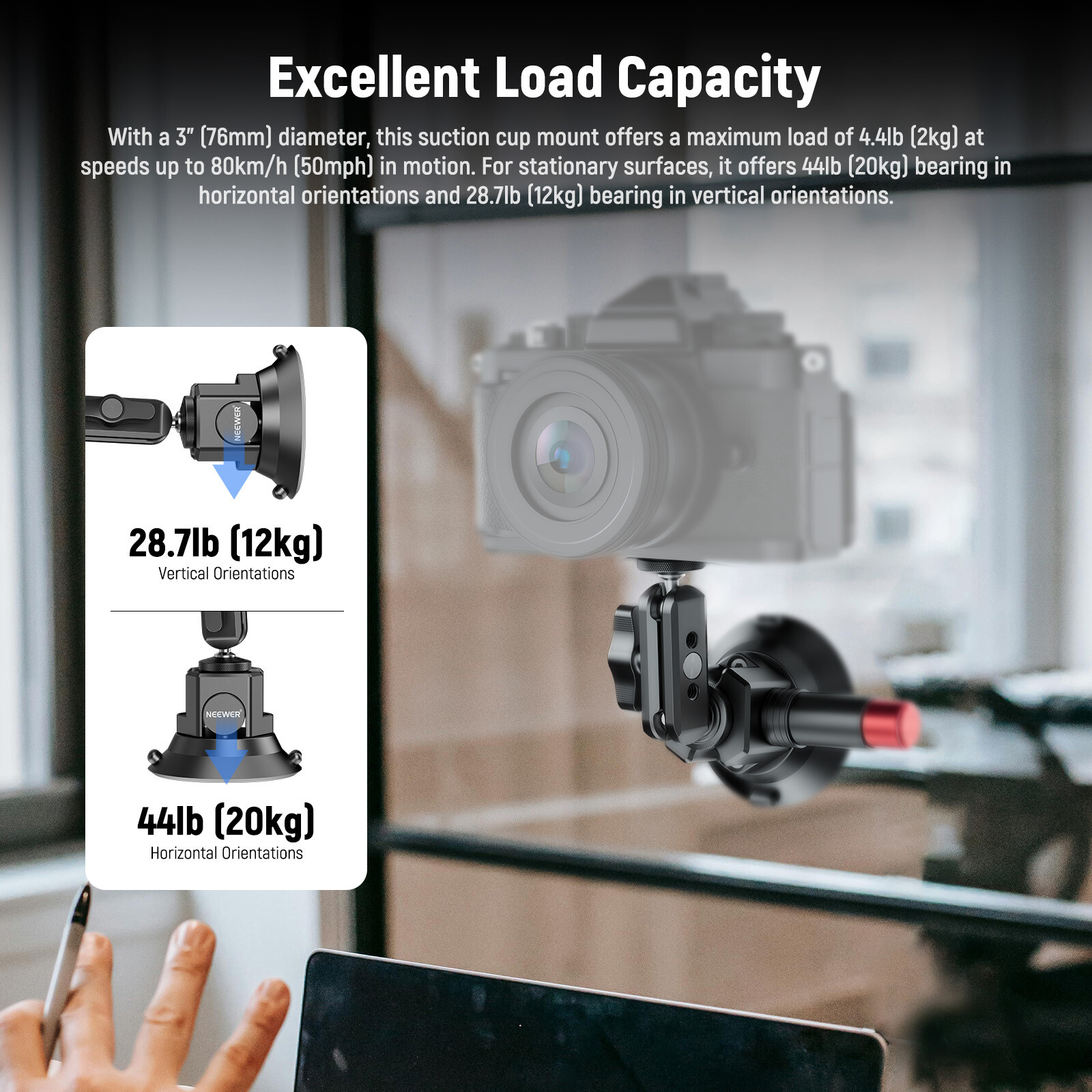 NEEWER 3″ Suction Cup Camera Mount Bracket with Ball Head Magic Arm