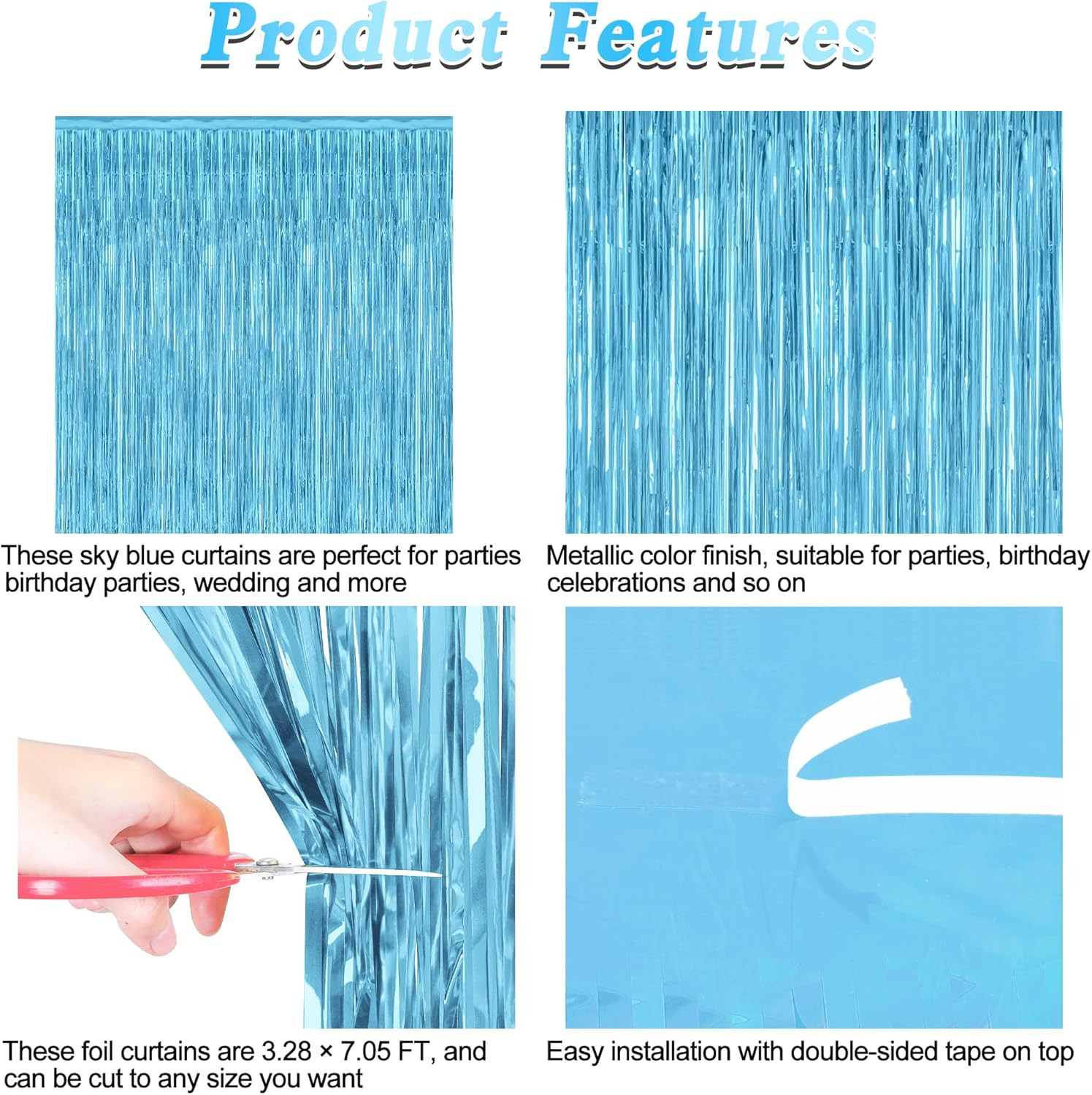 2 Pack Backdrop Curtains, 3.28 Feet X 7.05 Feet Sky Blue Tinsel Backdrop, Metall