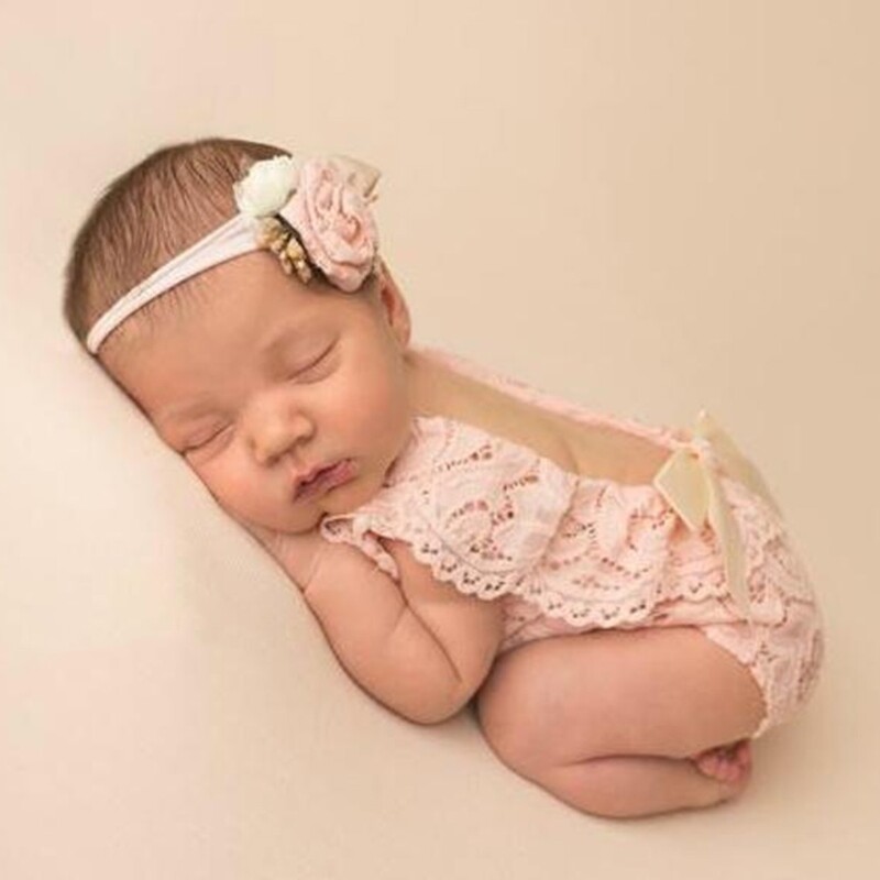 2 Pcs 0-1 Month Newborn Photography Props Baby Headband Bows Lace Romper