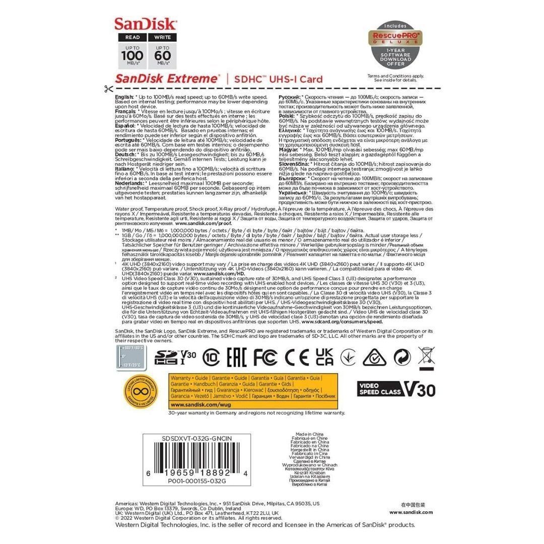 SanDisk Extreme 32GB Black SDHC UHS I Memory Card with 100MBPS Read Speed