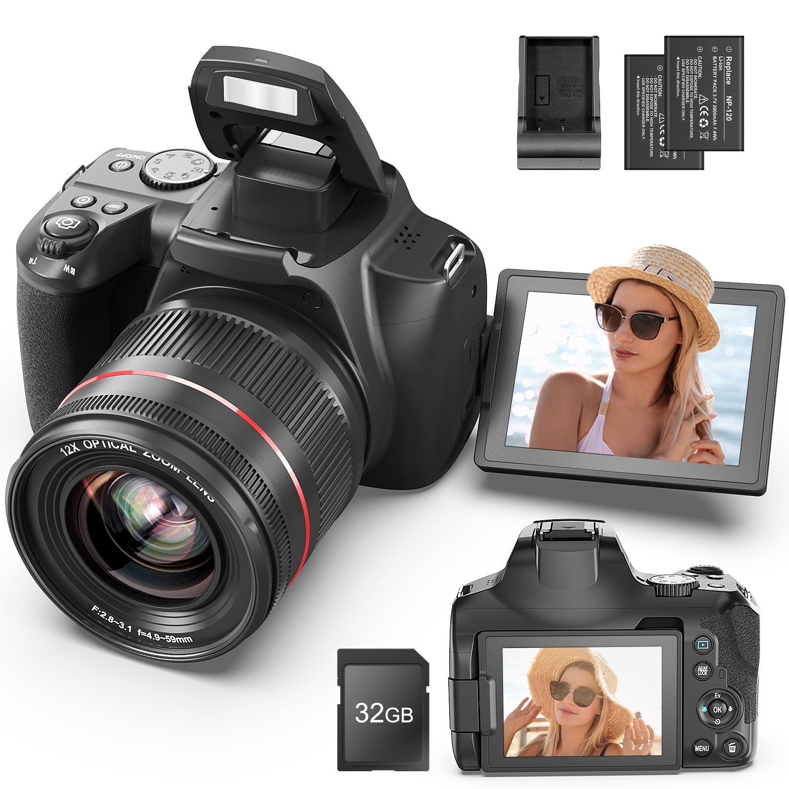 Digital Cameras 4K 64MP 12X Optical Zoom Autofocus with WiFi 32GB TF for Youtube