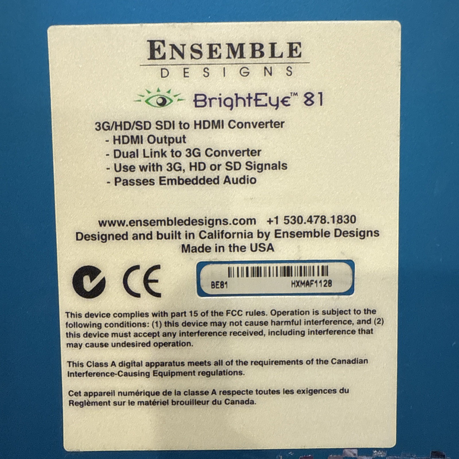 Ensemble Designs BrightEye 81 3G/HD SD SDI to HDMI Converter