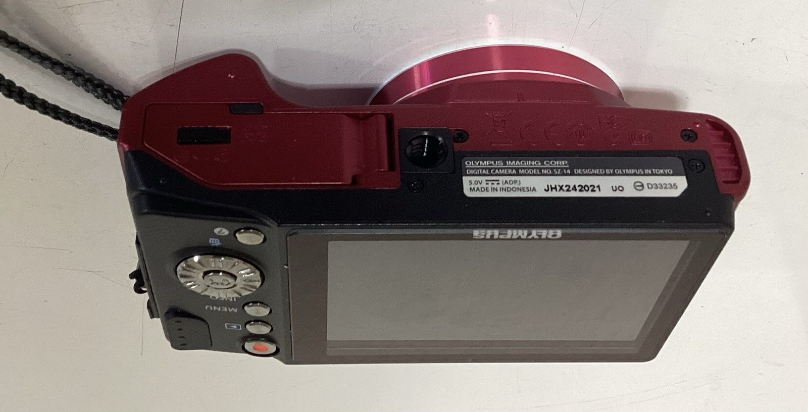 OLYMPUS SZ-14 RED DIGITAL CAMERA W/ BATTERY, CHARGER, SD CARD, & POUCH—VERY NICE
