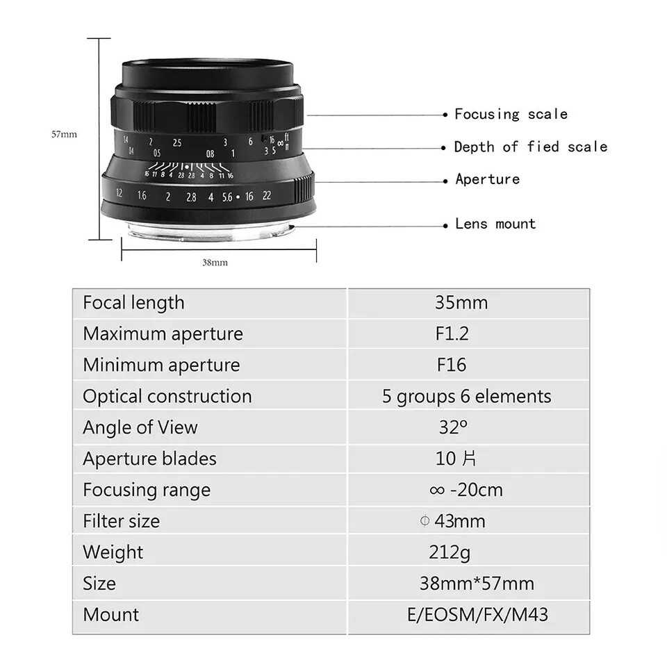 Brightin Star 35mm F1.2 APS-C Lens for Sony E,Fuji X Canon EOS,M4/3 Mount Camera