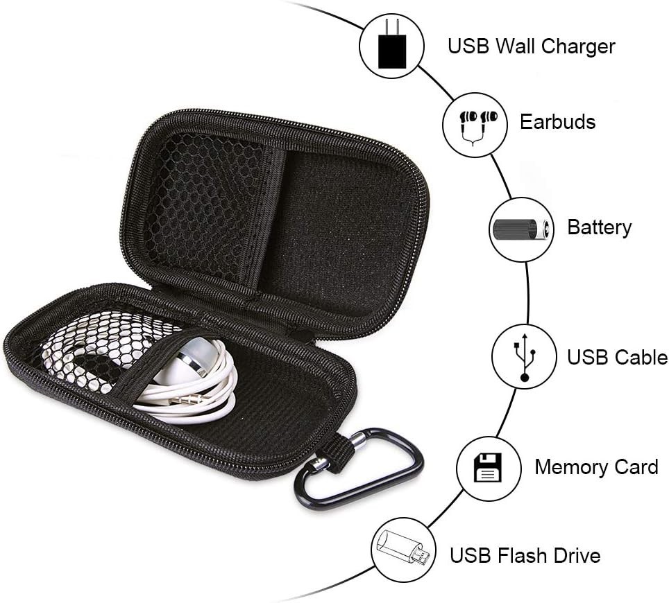 Compact Travel Case with Metal Carabiner for MP3 Players & Earphones – Black