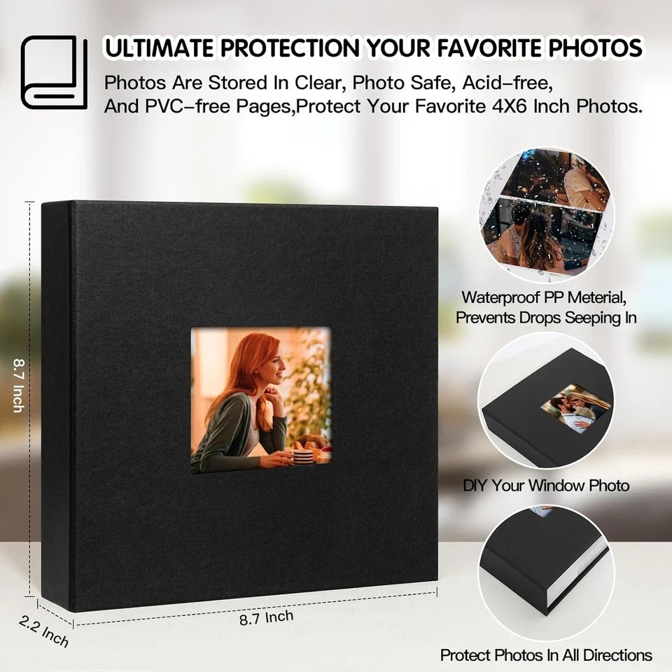 Photo Album 4×6 240 Photos with Writing Space Leather Cover Front Black
