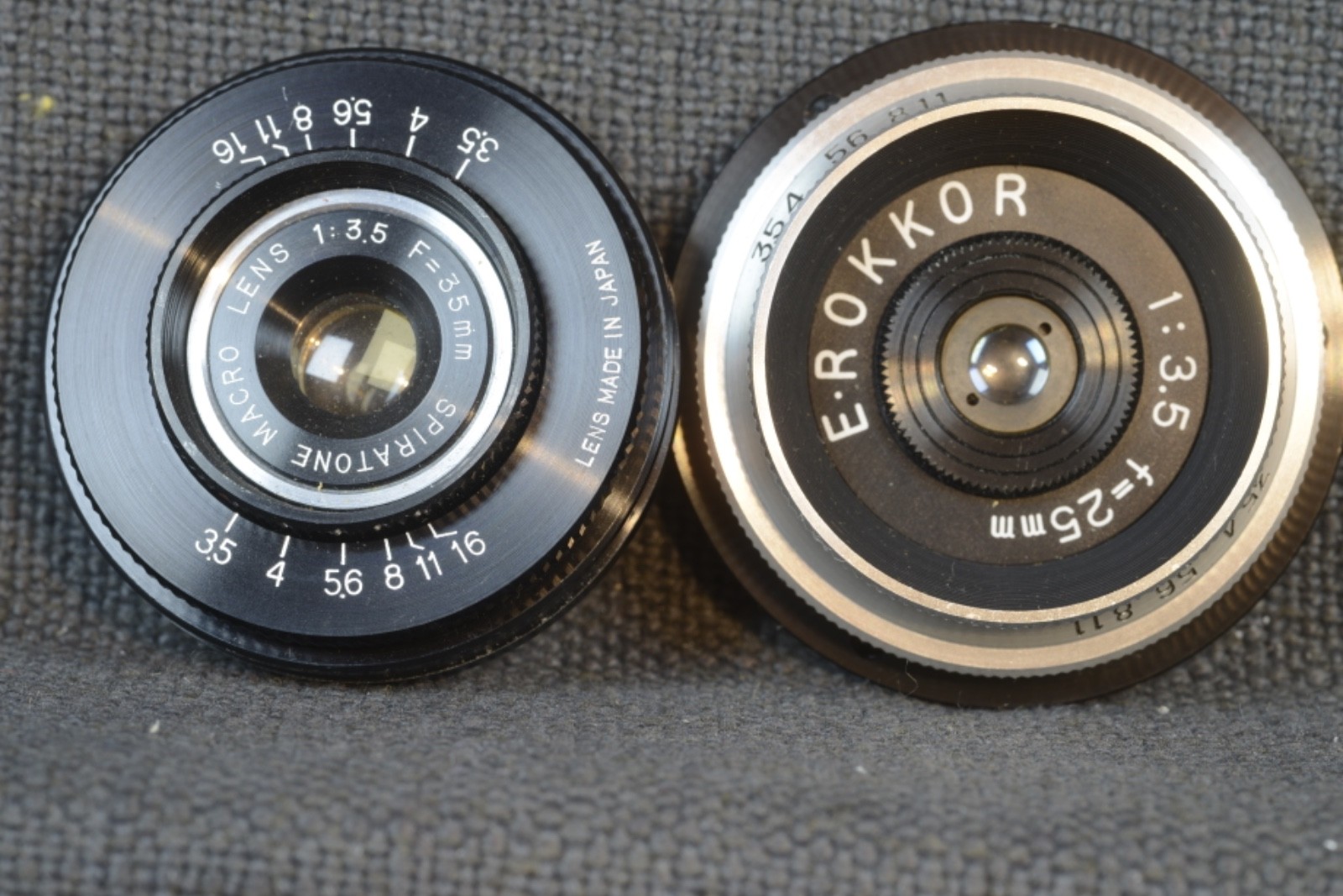 2 prime macro lenses in mounts Spiratone Macrotar 35mm F3.5 + E.Rokkor 25mmF3.5