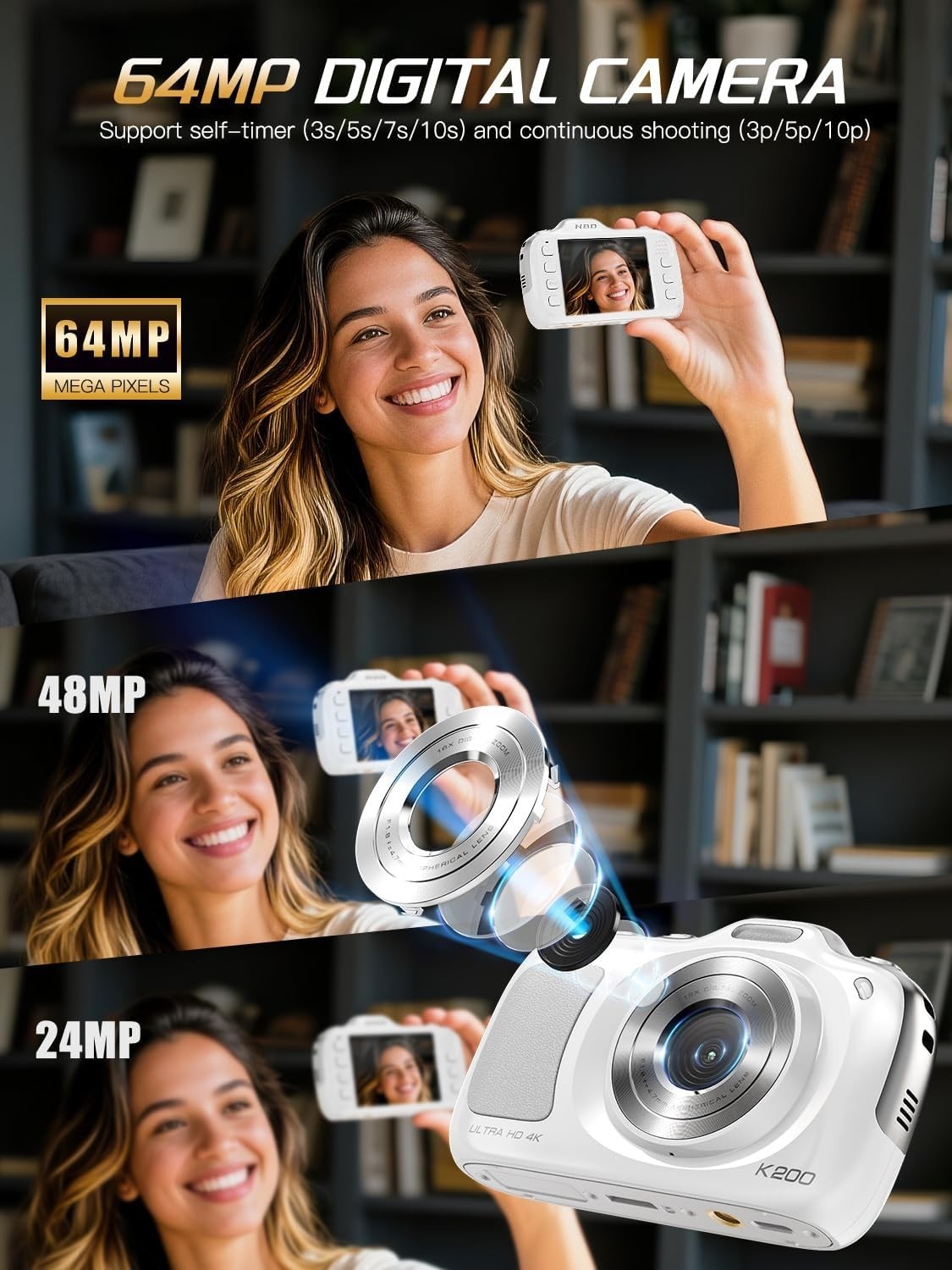 Digital Camera 4K 64MP 16X Compact Point and Shoot Camera for Boy Girl W/32GB TF