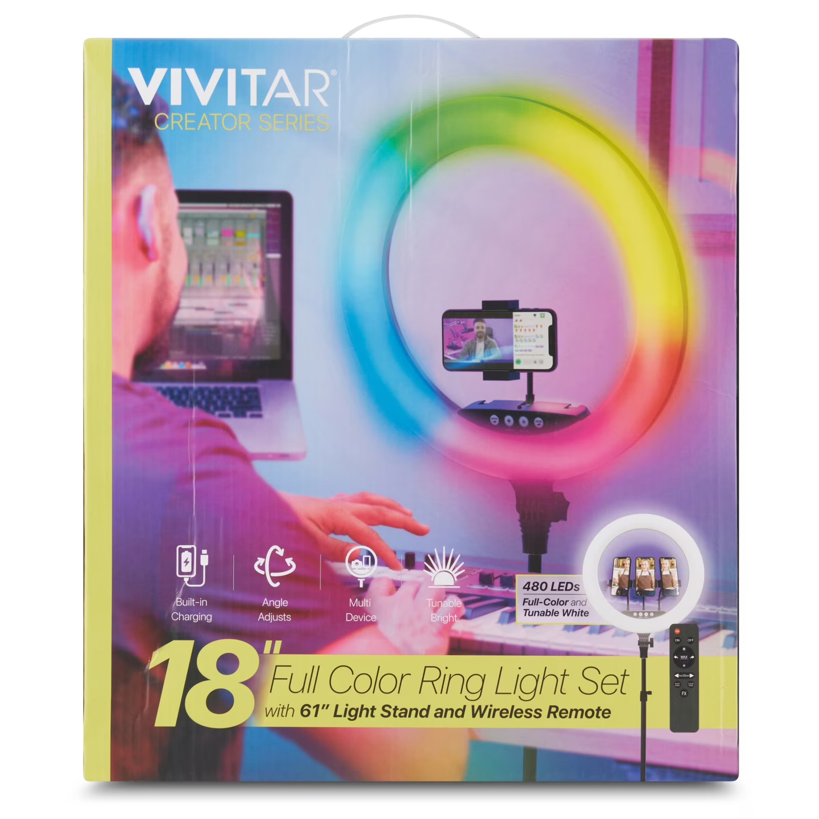 Vivitar 18″ LED RGB Ring Light with Tripod, Phone Holder USB Charging Ports