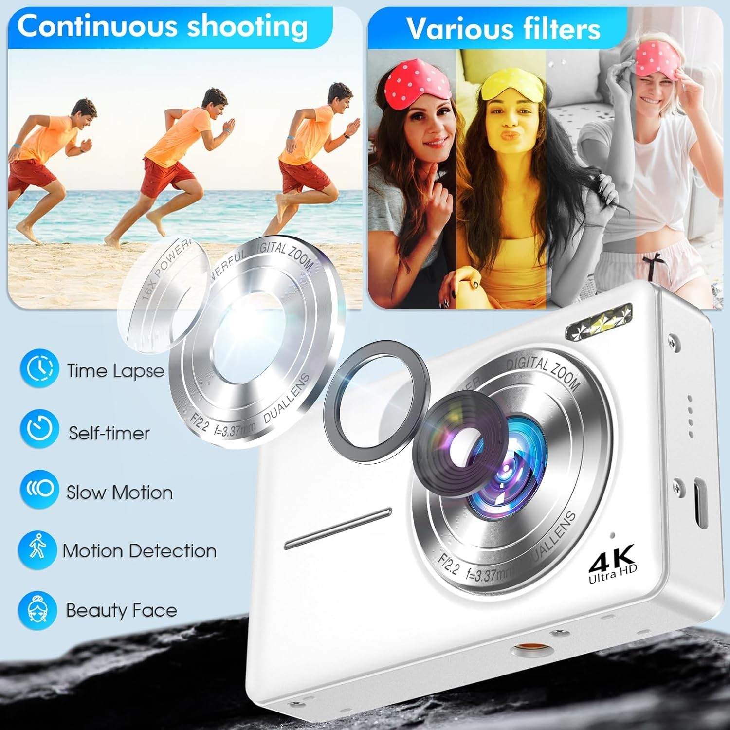 4K Digital Camera, 64MP Autofocus Vlogging Camera with Dual Lens, 16X Digital