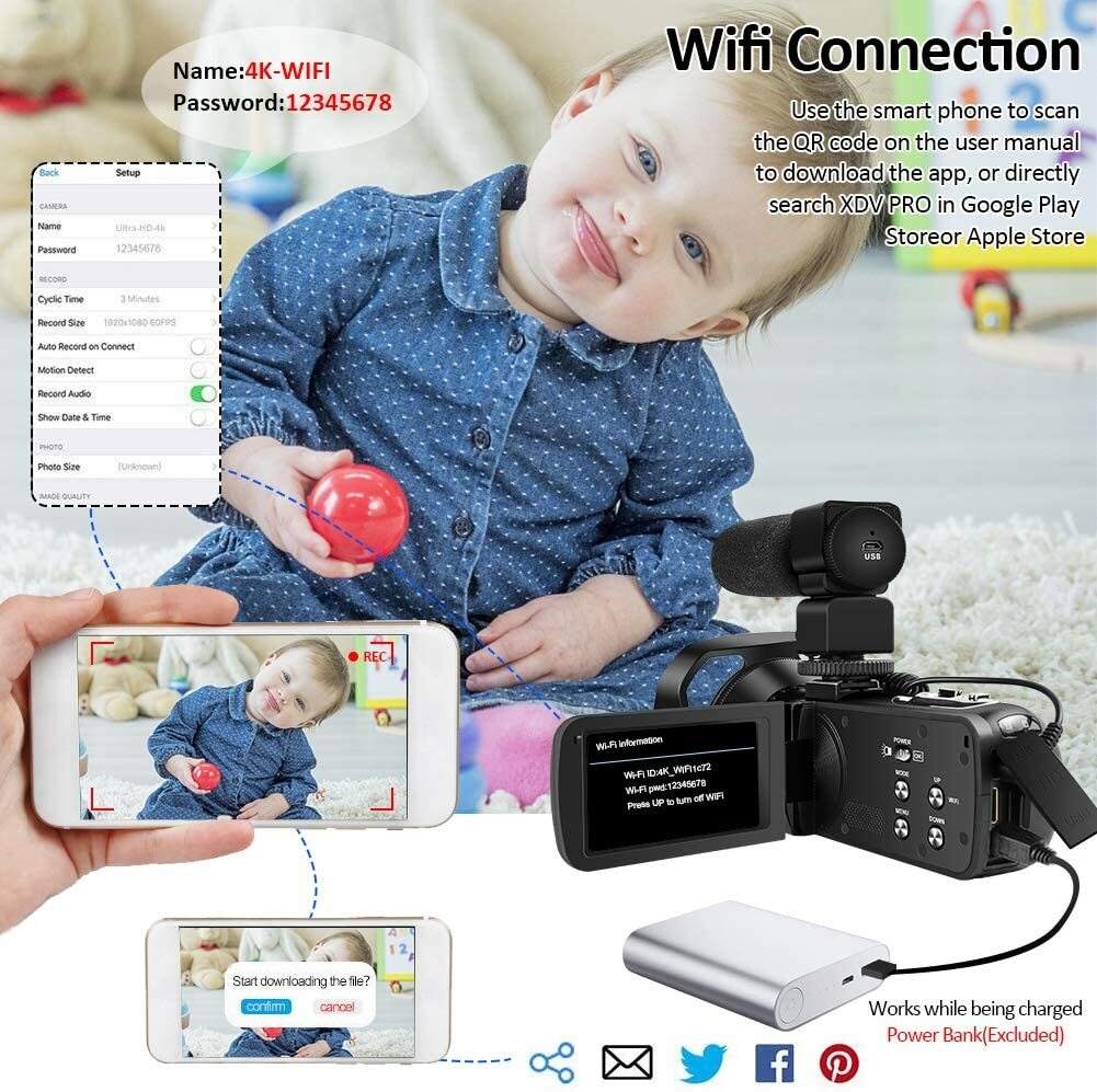 Video Camera Ultra HD 4K Night Vision Camcorder LED Light Microphone Remote
