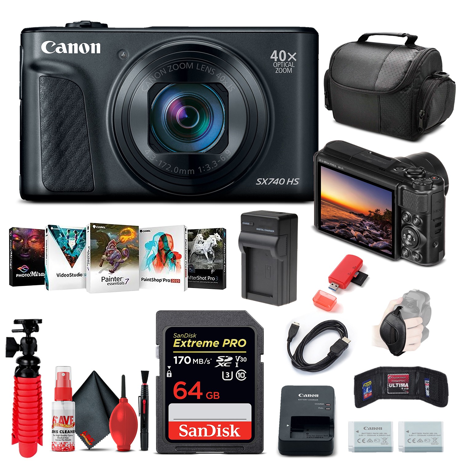 Canon PowerShot SX740 HS Black Digital Camera Starter Bundle w/64GB Card