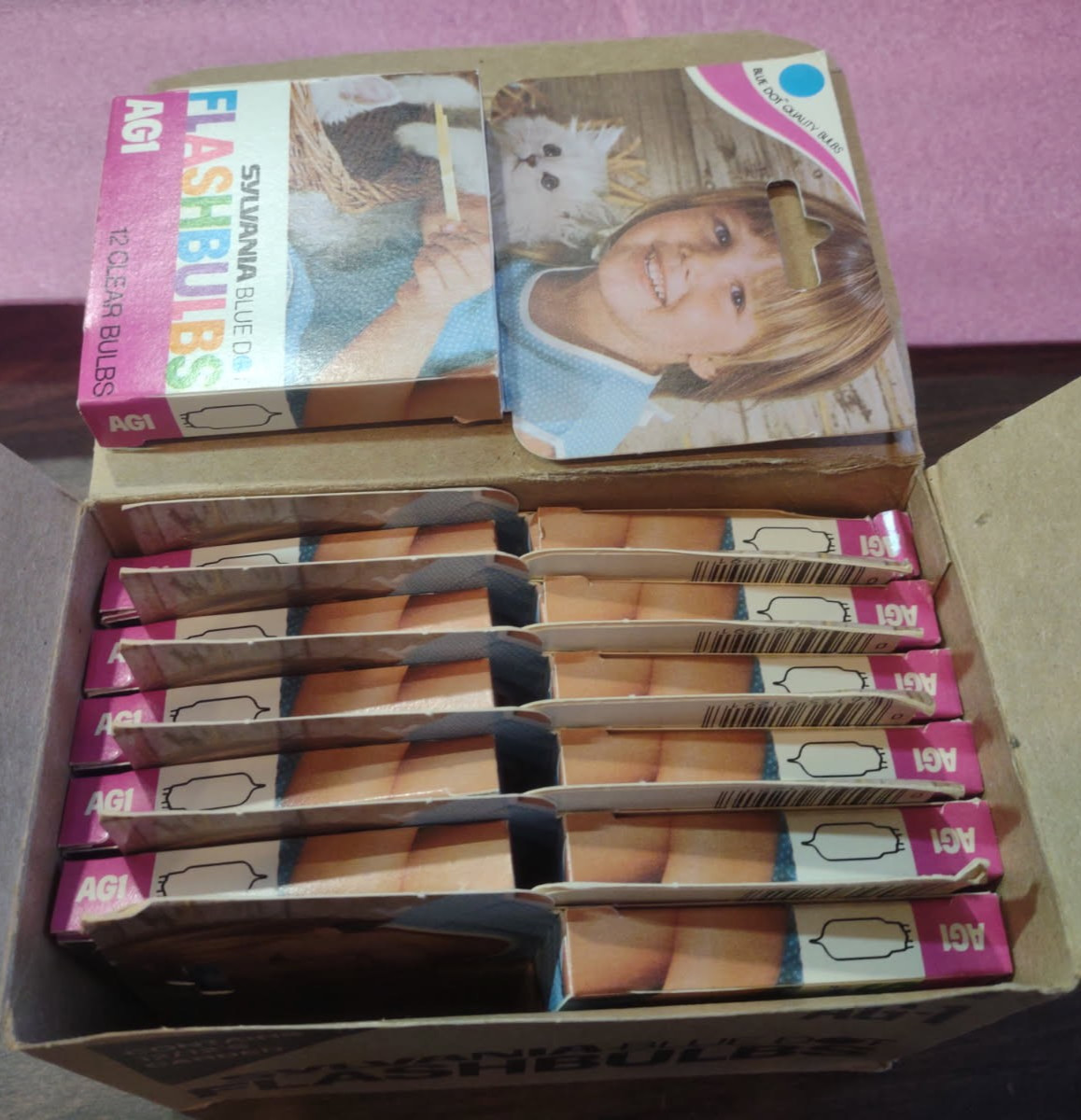 Original NOS Case of 12 Boxes (144ea. bulbs) Sylvania Blue Dot Flashbulbs. AG1