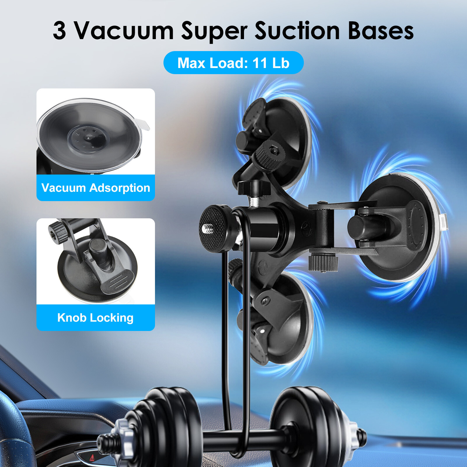 Car Mount Holder For GoPro Sony DJI OSMO Action Camera Triple Suction Cup Stand