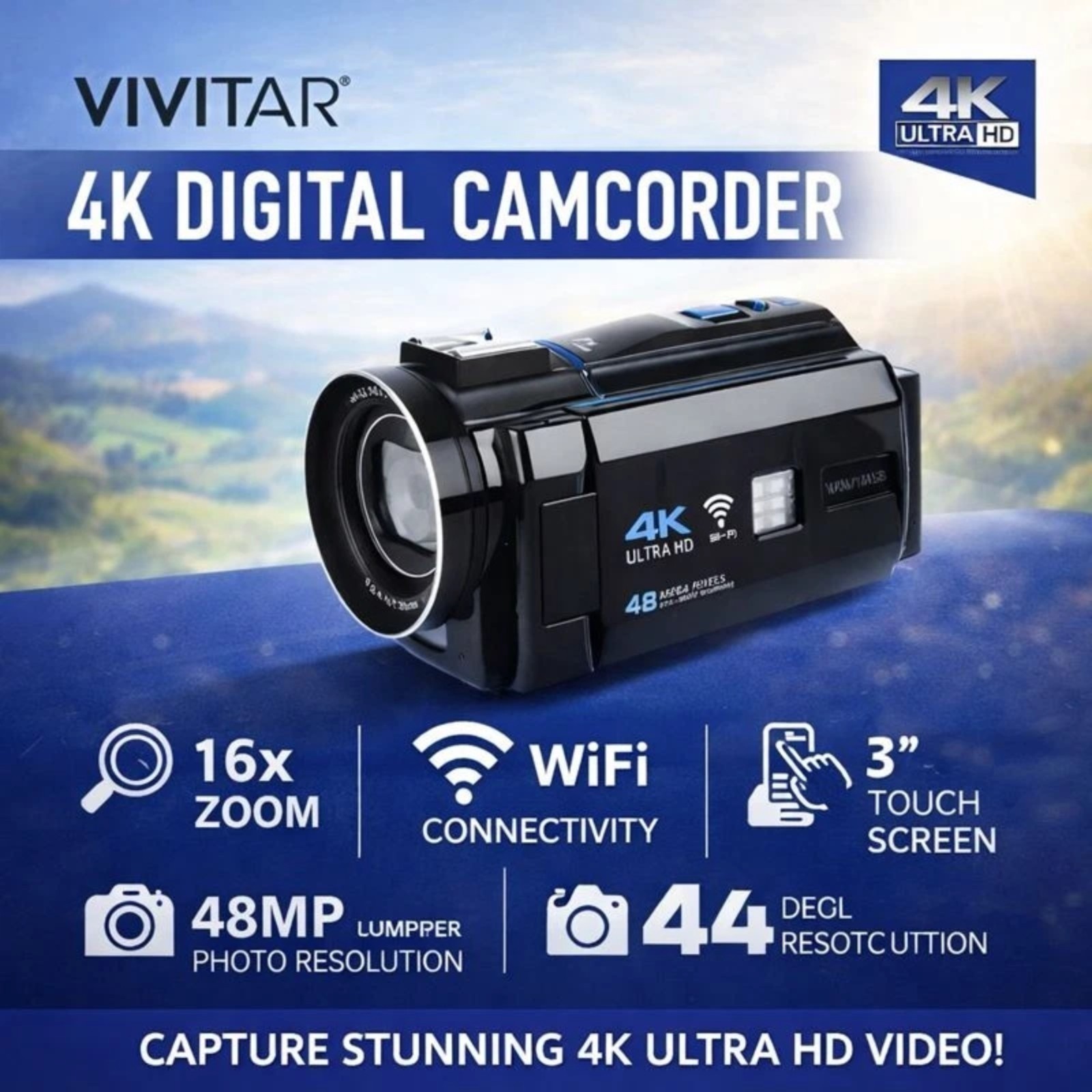 Vivitar 4K Ultra HD Digital Camcorder WiFi Touch Screen 48MP 16x Zoom 3″