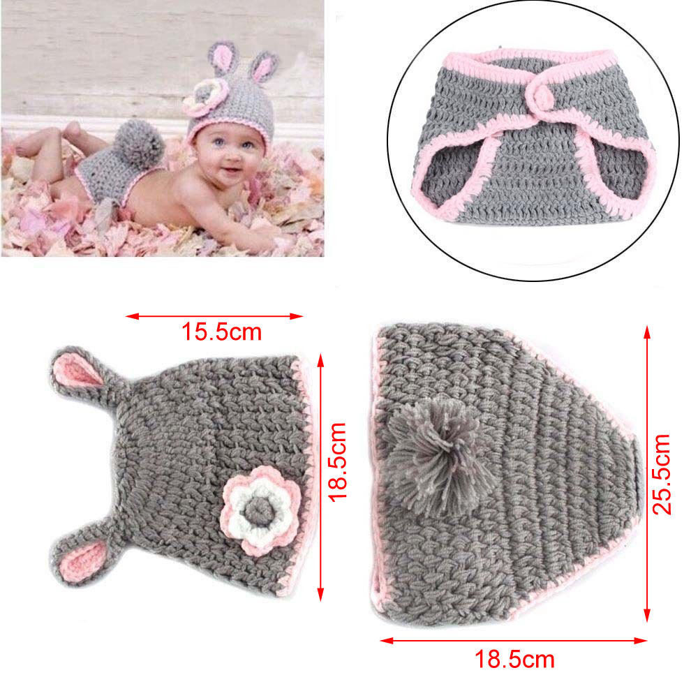 New NEWBORN BABY (0-1m) Girl CROCHET 2Pc Grey RABBIT Set Photography Prop Outfit