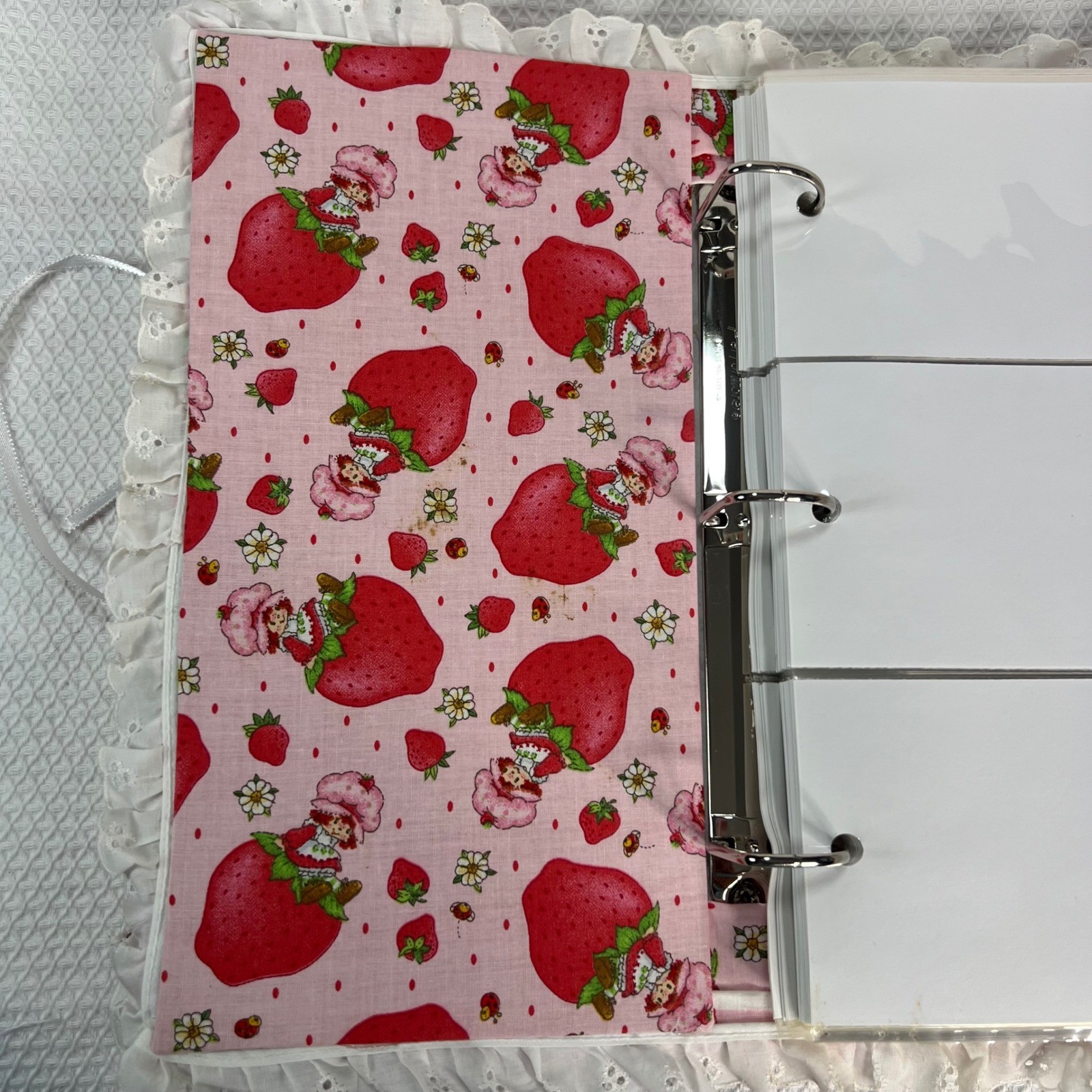 Handmade Strawberry Shortcake Fabric Photo Album 3-Ring Binder Eyelet Lace Pink