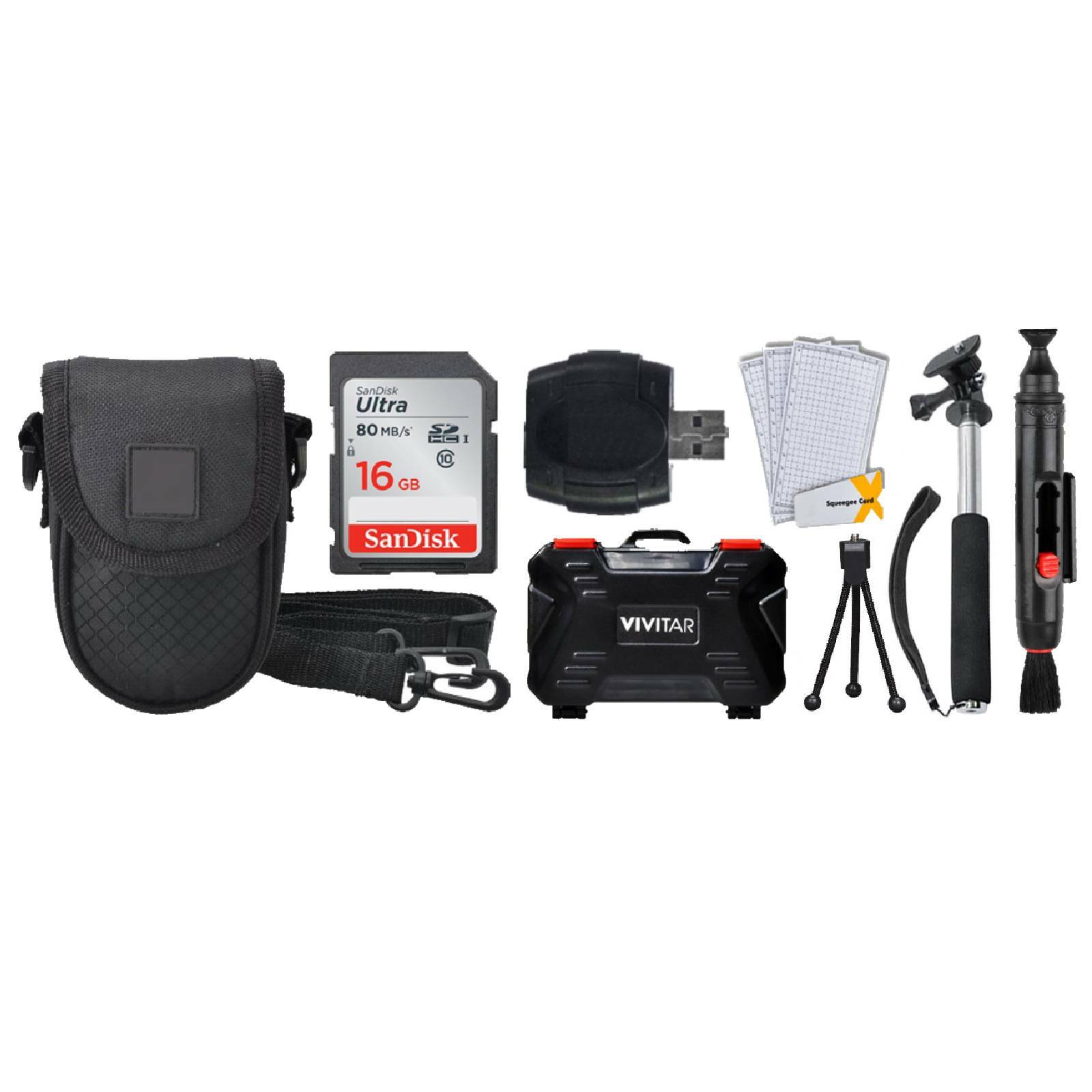 16GB Memory Card + Case + Monopod + Tripod + Lens Cleaning System + Memory Card
