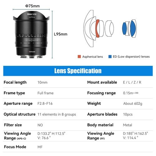 7artisans 10mm f/2.8 II Fisheye Lens for Sony E Mount Ultra-Wide 185° Full Frame