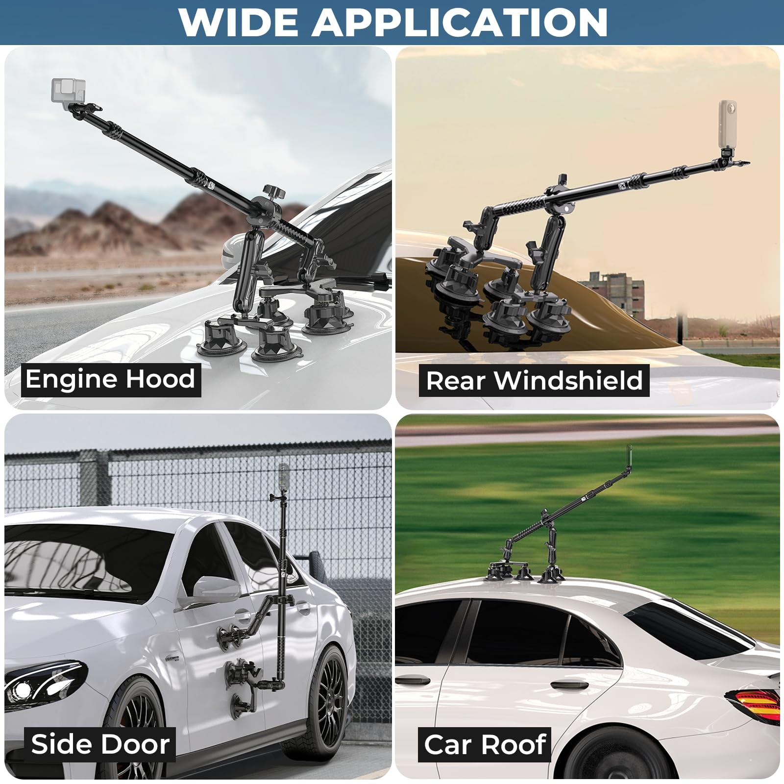 Suction Cup Car Mount – Aluminum Alloy Extendable Selfie Stick, Five 3.5″ Lar…