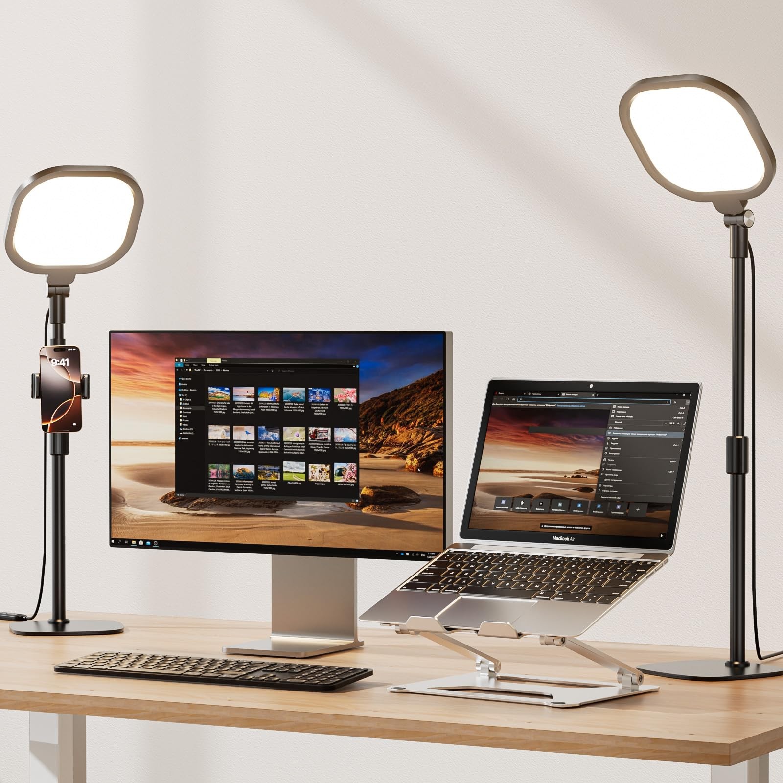 2 Packs Video Conference Lighting Kits Dimmable Desk Ring Light With Stand And P