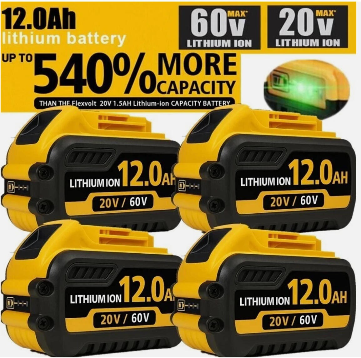4 Pack DCB606 For DEWALT FLEXVOLT 20V/60V 12Ah MAX Li-Ion Battery DCB606-2