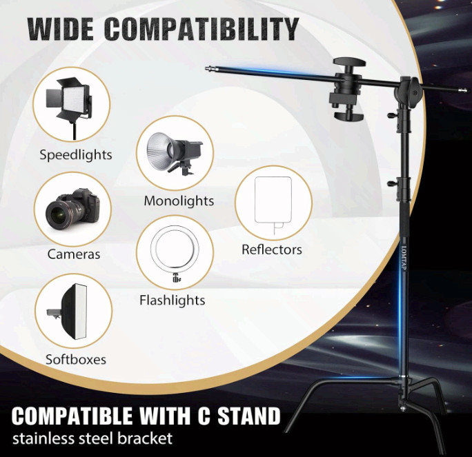 Heavy Duty Stainless C Stand Photography Kit 10.8ft w/Boom Arm, Sandbag & Clips
