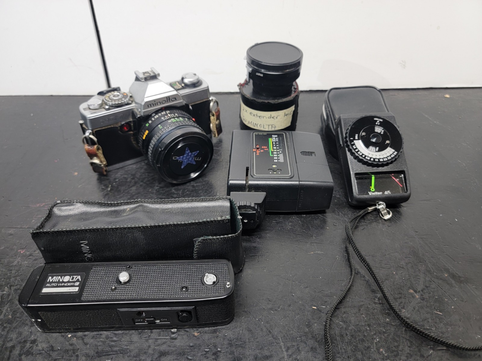 MINOLTA CAMERA LOT! UNTESTED – Auto Winder, Flash, Aperture Guage, Extension…