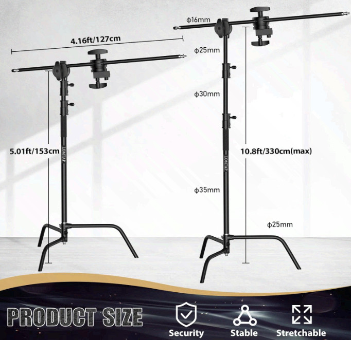 Heavy Duty Stainless C Stand Photography Kit 10.8ft w/Boom Arm, Sandbag & Clips