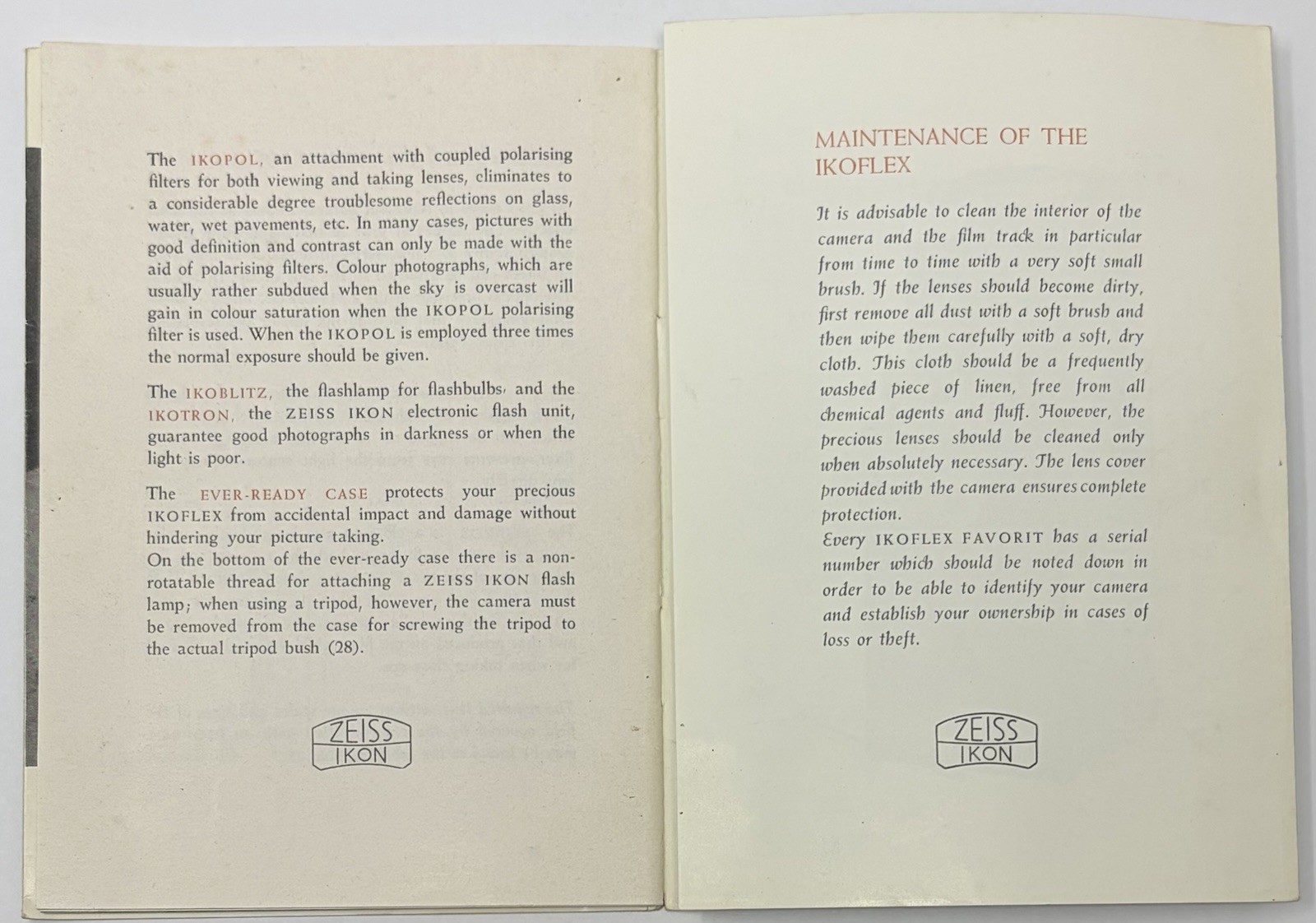 1950’s Zeiss Ikon Ikoflex Favorit Instruction Book Manual (319/887/16) Vintage