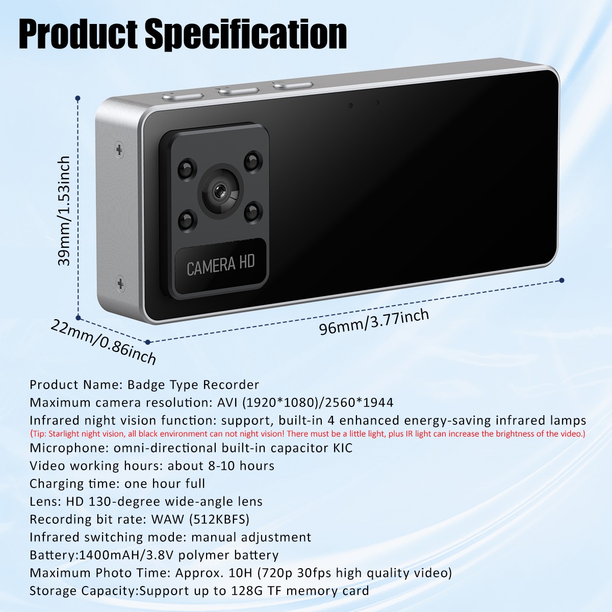 2K HD Badge Camera Body-Worn Work Recorder with Built-in Wi-Fi Hotspot 1400 Mah