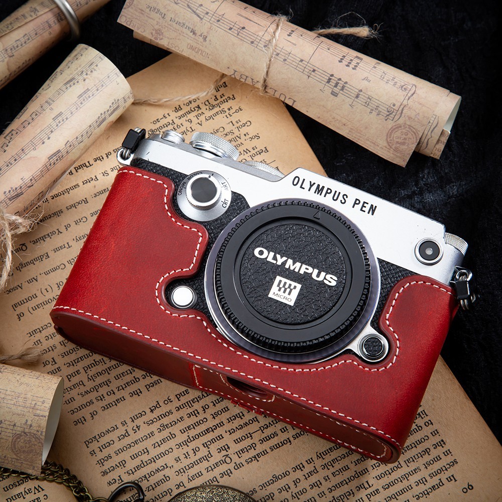 Handmade Genuine Real Leather Half Case Bag Cover For Olympus PEN-F M43