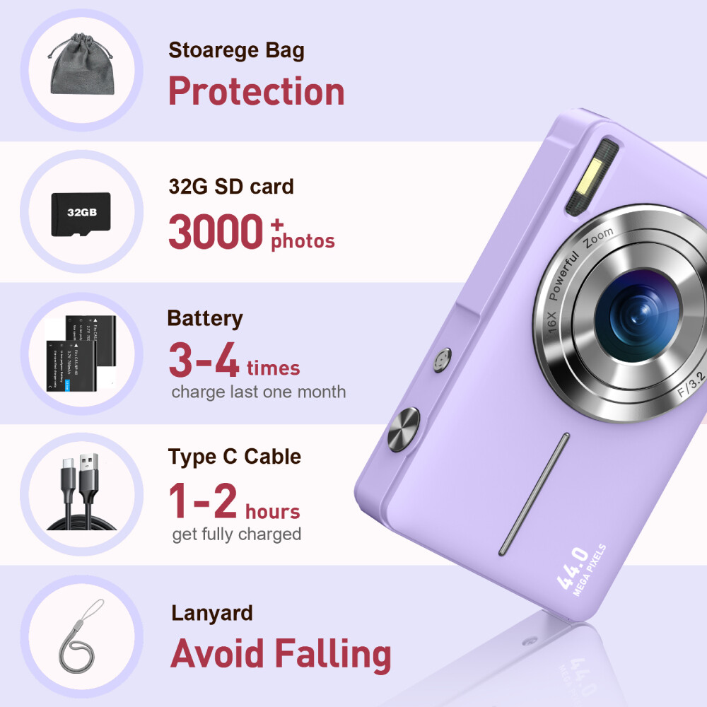 Digital Camera Kids Camera with 32GB Card FHD 1080P 44MP Vlogging LCD Screen US