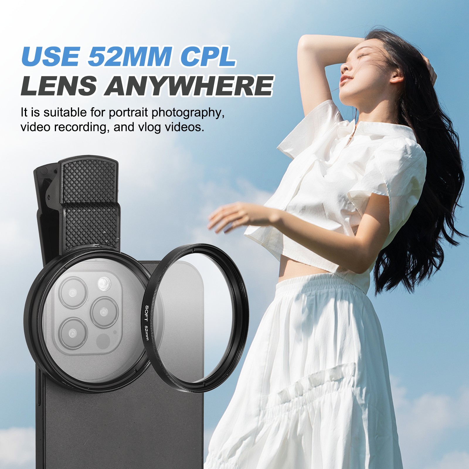 52mm Phone Camera Lens, Clip-On Soft White Filter, White