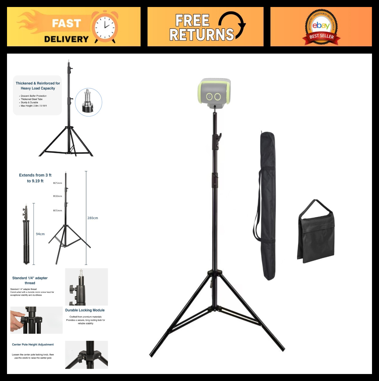 9.19 FT Heavy-Duty Aluminum Tripod with Weight Bag & Carrying Case for Photograp