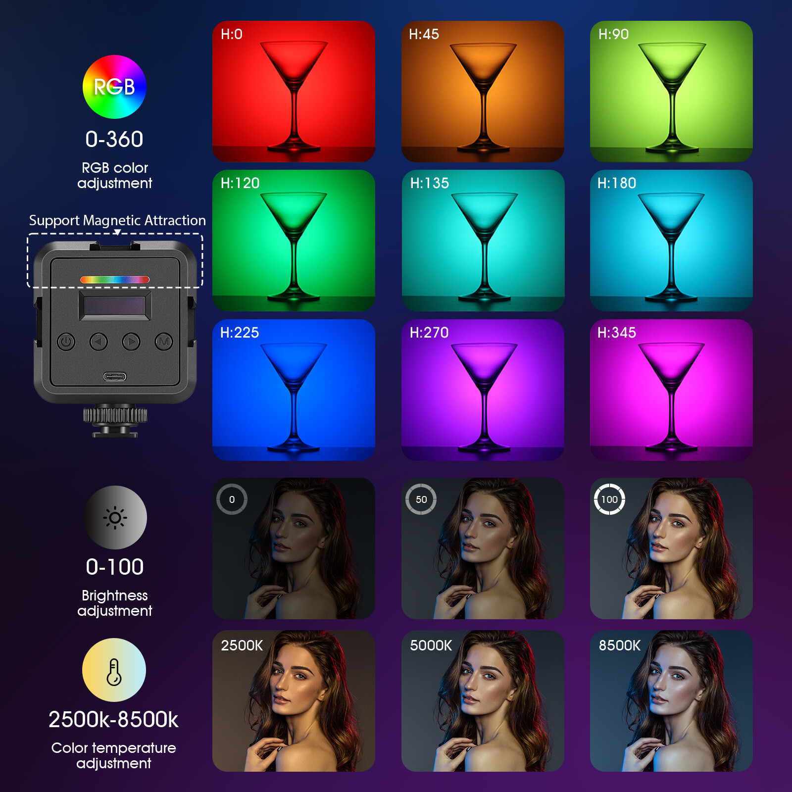 Neewer RGB Video Light RGB 61 360° Full Color LED Camera Light with 3 Cold Shoe