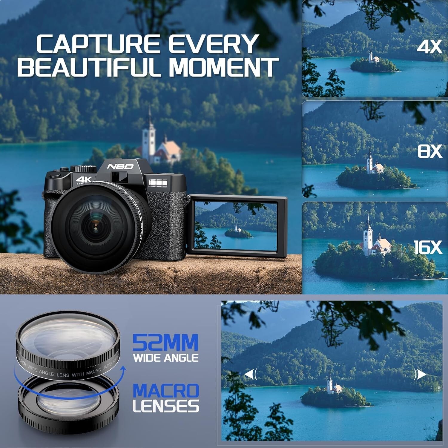 NBD Digital Cameras 4K 16X 48MP Compact Camcorder AntiShake 32GB TF For Vlogging