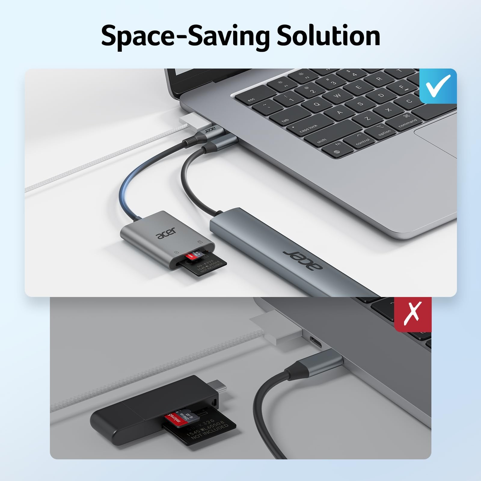 Acer SD Card Reader USB C, Dual Slots Type C to Memory Reader, Grey