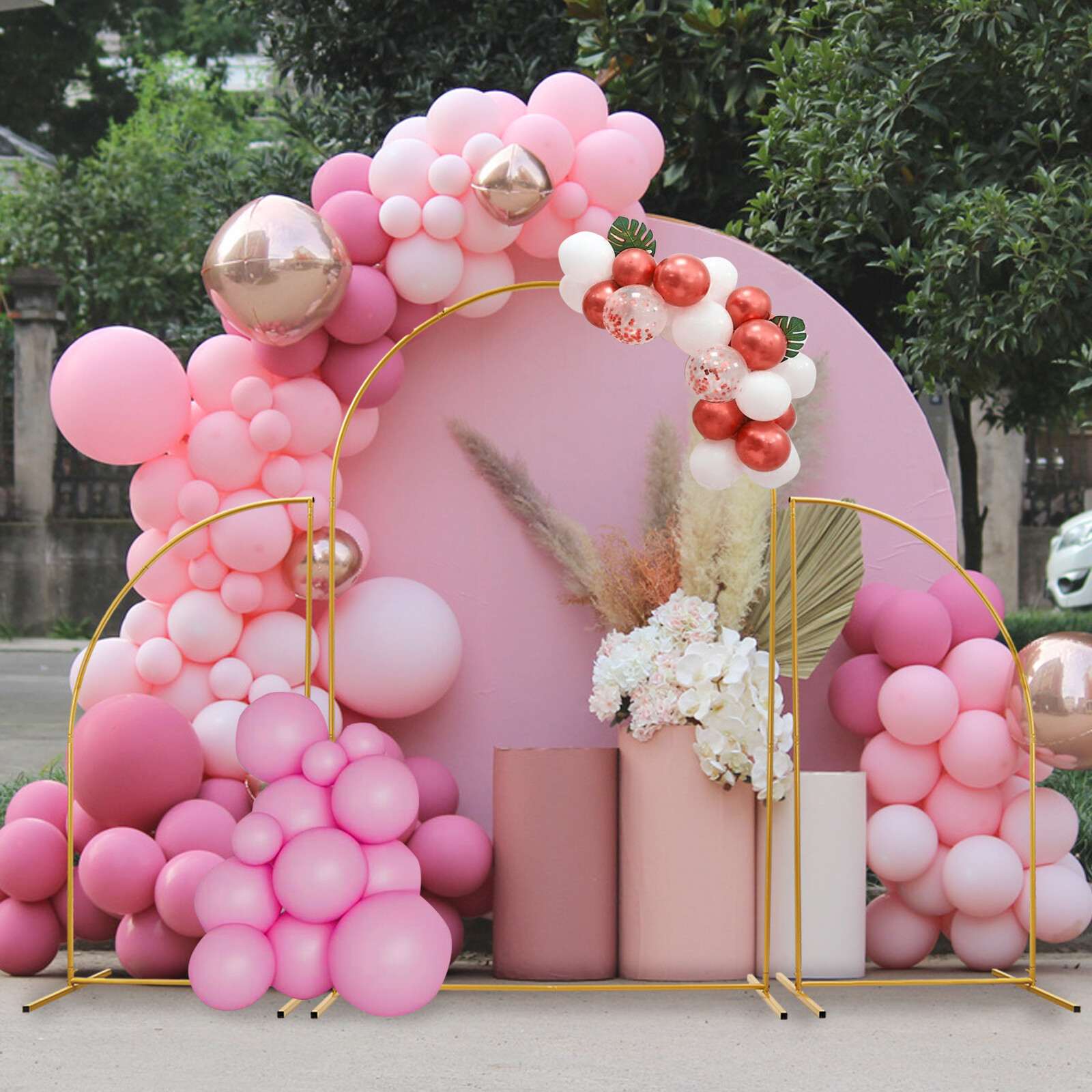 Pink Wedding Arch Cover & Golden Wedding Arch Backdrop Stand Set Party Ceremony