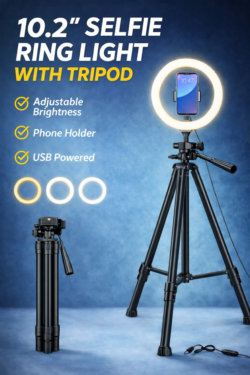 10.2” Selfie Ring Light with 50” Tripod Stand and Phone Holder, Dimmable NEW